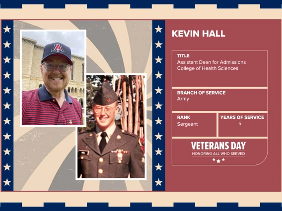 Poster with two photos of Kevin Hall, one current and one of him in uniform. Text on image has his name and this information: “Assistant Dean for Admissions College of Health Sciences. Branch of Service: Army; Rank: Sergeant; Years of Service: 5."