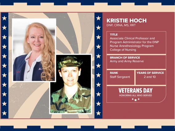 Poster with two photos of Kristie Hoch, DNP, CRNA, MS, RRT, one current and one of her in uniform. Text on image has her name and this information: "Associate Clinical Professor and Program Administrator for the DNP Nurse Anesthesiology Program, College of Nursing. Branch of Service: Army and Army Reserves; Rank: Staff Sergeant; Years of Service: 2 and 10."