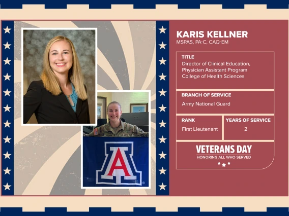 Poster with two photos of Karis Kellner, MSPAS, PA-C, CAQ-EM, one current and one of her in uniform. Text on image has her name and this information: "Director of Clinical Education, Physician Assistant Program, College of Health Sciences. Branch of Service: Army National Guard; Rank: First Lieutenant; Years of Service: 2."