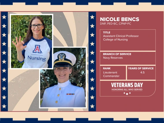 Poster with two photos of Nicole Benks, DNP, PED-BC, CPNP-PC, one current and one of her in uniform. Text on image has her name and this information: "Assistant Clinical Professor College of Nursing. Branch of Service: Navy Reserves; Rank: Lieutenant Commander; Years of Service: 4.5."