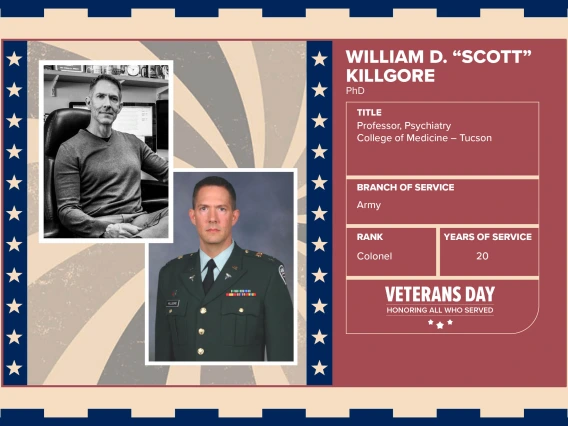 Poster with two photos of William D. “Scott” Killgore, PhD, one current and one of him in uniform. Text on image has his name and this information: “Professor, Psychiatry, College of Medicine – Tucson. Branch of Service: Army; Rank: Colonel; Years of Service: 20."