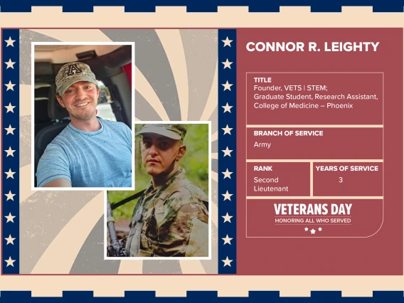 Poster with two photos of Connor R. Leighty, one current and one of him in uniform. Text on image has his name and this information: “Founder, VETS | STEM; Graduate Student, Research Assistant, College of Medicine – Phoenix. Branch of Service: Army; Rank: Second Lieutenant; Years of Service: 3."