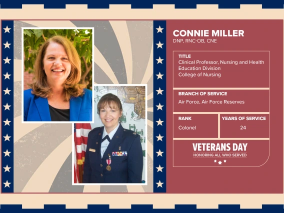 Poster with two photos of Connie Miller, DNP, RNC-OB, CNE, one current and one of her in uniform. Text on image has her name and this information: "Clinical Professor, Nursing and Health Education Division, College of Nursing. Branch of Service: Air Force and Air Force Reserves; Rank: Colonel; Years of Service: 24."