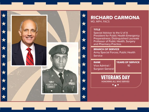 Poster with two photos of Richard Carmona, MD, MPH, FACS, one current and one of him in uniform. Text on image has his name and this information: "Special Advisor to the U of A President for Public Health Emergency Preparedness; Distinguished Laureate Professor, Mel and Enid Zuckerman College of Public Health. Branch of Service: Army Special Forces; Public Health Services; Rank: Vice Admiral / Surgeon General; Years of Service: 10."