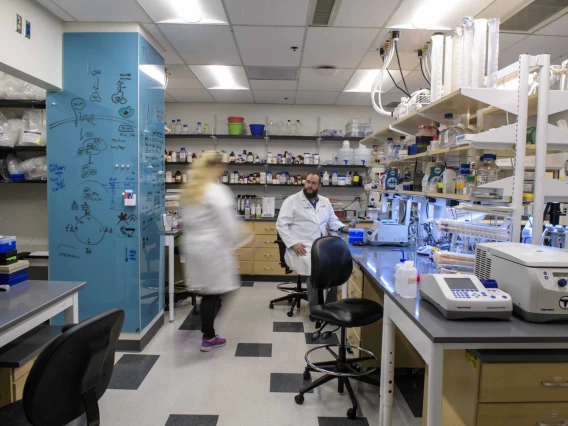 Two researchers in white coats stand in a lab.