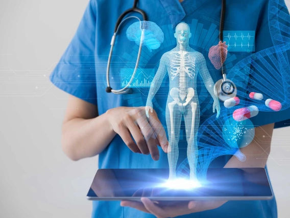 A digital illustration of a clinician holding a tablet displaying medical imagery