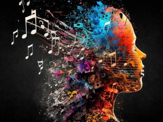 artistic rendering of person's profile with the back of the head transitioning into music notes flowers in vibrant colors