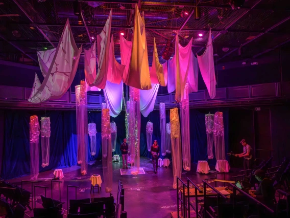 Columns of translucent pink, orange and yellow fabric representing nodes of the brain hang from the ceiling in a dimly lit round theater.