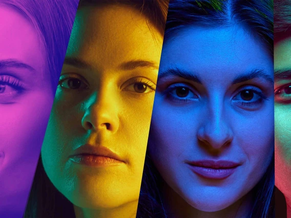 Mosaic made from portraits of people, different genders, ages and ethnicities posing in neon light to highlight their individuality.
