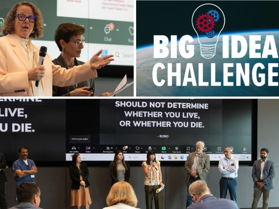 A collage of two photos of people standing in front of projection screens presenting and a logo that reads, “Big Idea Challenge.”