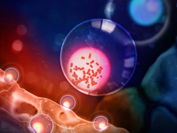 An illustration of a T cell with Y chromosomes next to a cancer tumor, with a T cell without Y chromosomes in the background