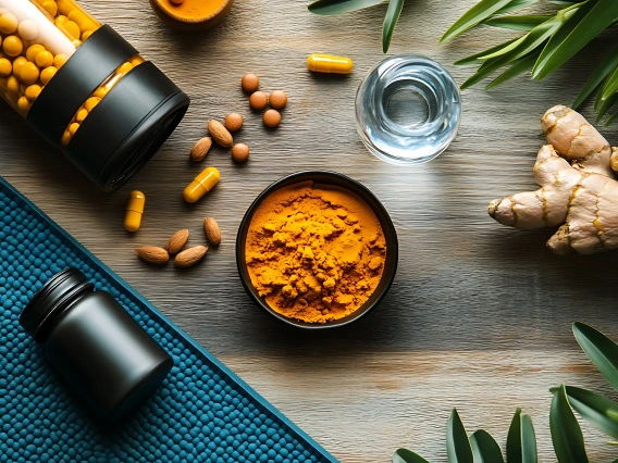 [Turmeric, pictured here in root, powder and tablet form.]