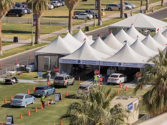 Bird’s eye view of the drive-through COVID 19 vaccine point of distribution on the University of Arizona’s mall. 