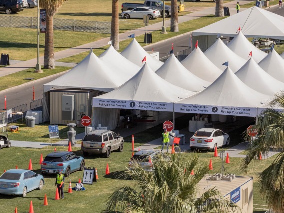 A bird’s eye view of the COVID 19 vaccine point of distribution on the University of Arizona’s mall. The county-run site is drive-through only. Another walk-up site also is available on campus.