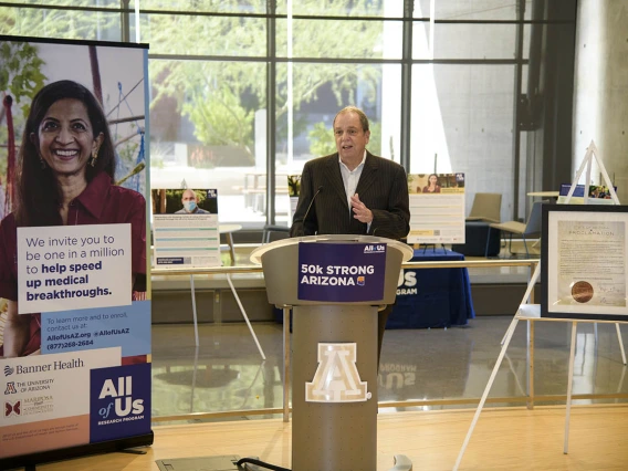 Michael D. Dake, MD, senior vice president for UArizona Health Sciences, welcomes the crowd to the 50k Strong Arizona Celebration and Research Showcase. Dr. Dake congratulated the All of Us UArizona-Banner team for leading the nation in signing up participants, and he emphasized the importance of the program as it relates to Health Sciences’ strategic focus in designing and developing precision treatments for all populations.