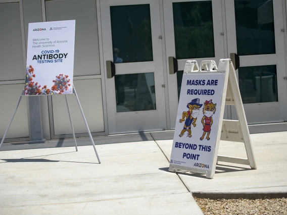 Signage welcoming first responders and the public as they arrive April 30 to take a COVID-19 antibody test at the Cole and Jeannie Davis Sports Center in Tucson.