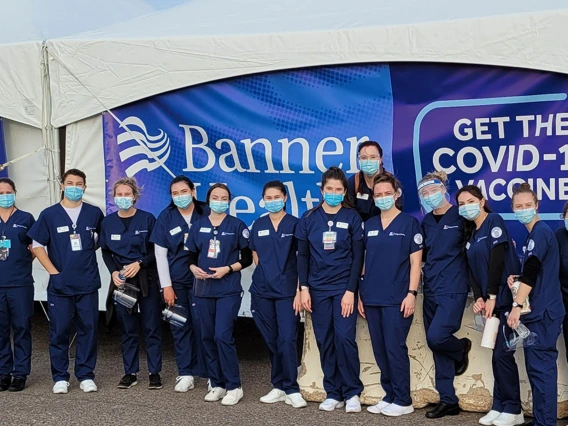 BSN-IH Level 2 students assist in COVID-19 vaccination efforts in February 2021 at a Banner POD in Maricopa County.