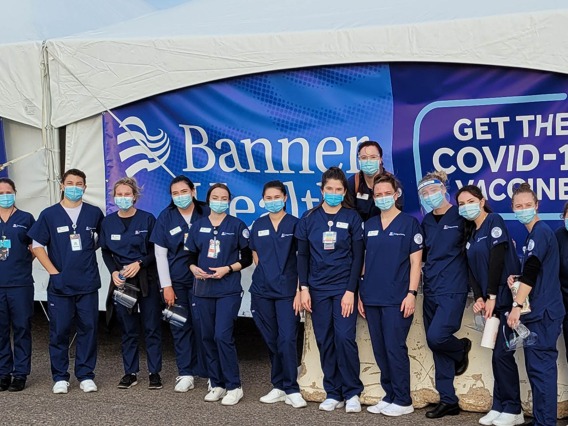 BSN-IH Level 2 students assist in COVID-19 vaccination efforts in February 2021 at a Banner POD in Maricopa County.
