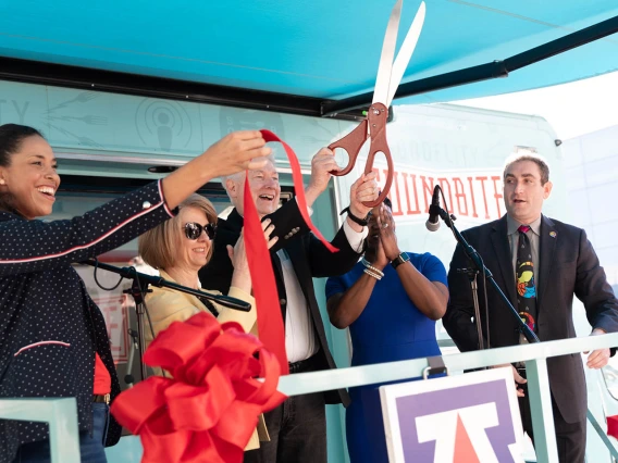 Ribbon cutting launches the 2020 Connect2STEM event on Downtown’s Phoenix’s Biomedical Campus. From left: Allison Otu, MBA, exec. dir., corporate and community relations, University of Arizona Health Sciences; State Sen. Heather Carter, professor at the Mel and Enid Zuckerman College of Public Health; Guy Reed, MD, MS, dean, College of Medicine - Phoenix; Jackie Hunter, DC, MHA, director of diversity and outreach, Banner Health; Jeremy Badendure, PhD, exec. dir., Arizona SciTech Festival.