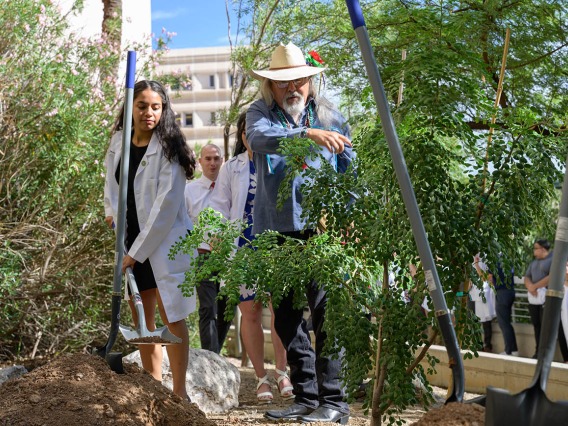 Medical students take turns shoveling dirt as they plant the tree honoring people who donated their bodies to science. Ashes from the sacred herbs are mixed in with the dirt of the newly planted tree.