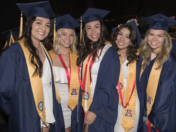 UArizona College of Nursing Bachelor of Science in Nursing students Kailey Bevan, Brooke Bottle, Morgan Auelua, Celisia Aros and Savana Wyllie wait backstage at Centennial Hall for their 2022 spring convocation to begin.