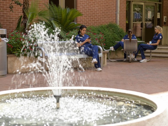 A patch of shade and the sound of running water make the courtyard at the College of Nursing a favorite place for people to get outside, even in the summer.