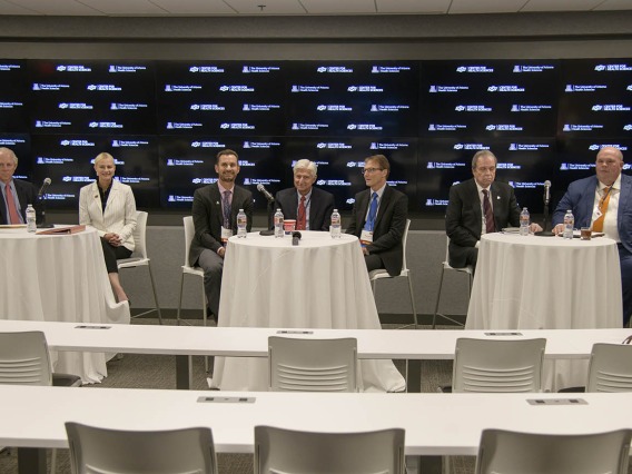 Reporters from several national media outlets logged in to virtually attend a press conference and ask questions about the new partnership. From left: Robert C. Robbins, MD, Kayse Shrum, DO, Todd Vanderah, PhD, Frank Porreca, PhD, Don Kyle, PhD, Michael D. Dake, MD, Johnny Stephens, PharmD.