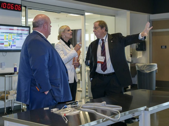 Michael D. Dake, MD, hosts a tour of the Arizona Simulation and Technology Education Center for Okahoma State University President Kayce Shrum, DO, and OSU Center for Health Sciences President Johnny Stephens, PharmD.