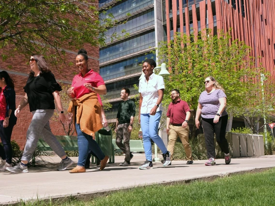 Members of the Health Sciences Research Administration’s Walkie Talkie teams walk regularly during lunch. There are four Walkie Talkie teams with a total of 26 members. 