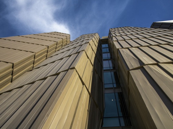 The west side of the Health Sciences Innovation Building features twisting lines of concrete and mesh, which enable light to enter the building, while enclosing elevators and staircases. The angle of the sun shifts the shadows created by the twisting shapes throughout the day.