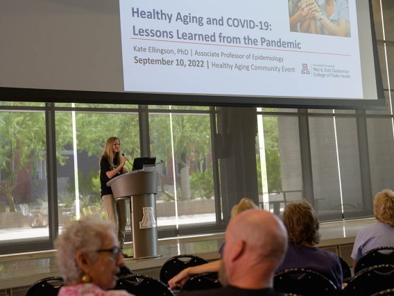 Kate Ellingson, PhD, an associate professor in the Mel and Enid Zuckerman College of Public Health, speaks to Feast for Your Brain attendees about healthy aging and COVID-19.  
