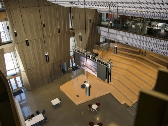 The Forum spans the first and second floors of the Health Sciences Innovation Building. Multiple multimedia screens are available to enhance presentations and events.