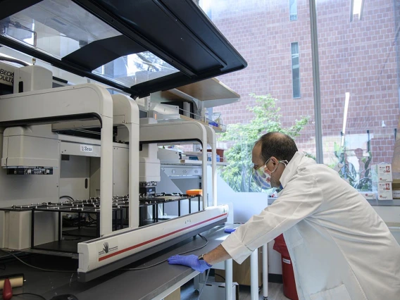 Matthew Kaplan, manager for University of Arizona Functional Genomics Core, evaluates the Biomek robot prior to performing antibody testing.