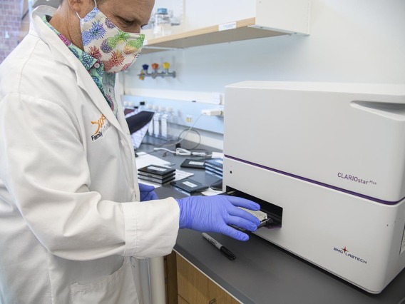 Matthew Kaplan, manager for University of Arizona Functional Genomics Core, places an antibody assay plate on a ClarioStar plate reader.