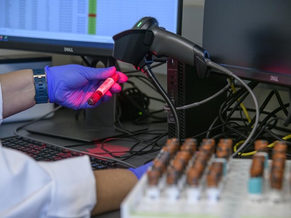 Lab technician Gina Delgado registers blood samples before they are processed to determine if they show antibodies to the virus that causes COVID-19.