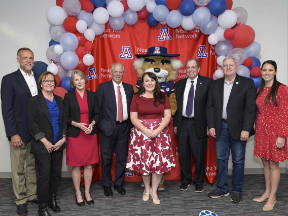 Gilbert town council members and mayor join UArizona leadership and Wilbur Wildcat for the College of Nursing’s ribbon-cutting ceremony in Gilbert, Arizona. 