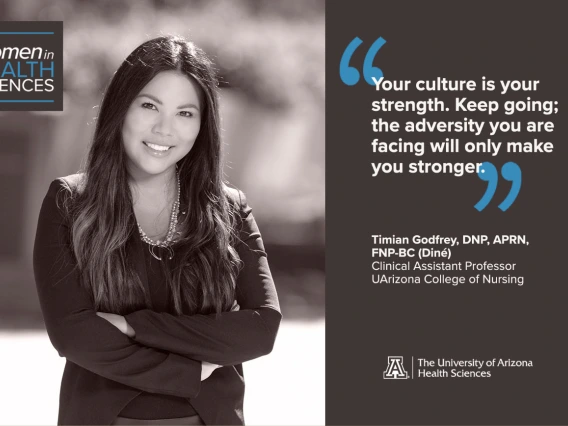 Timian Godfrey (Dine’), DNP, APRN, FNP-BC, says her mother raised her to have a strong conviction in the Navajo wellness philosophy Hózhó. This belief centers her purpose to create beauty, harmony and wellness in all that she does. Her goal is to work with other disciplines and professions to create equitable health systems for underserved communities. 