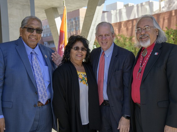 From left: Chairman of the Tohono O’odham Nation Ned Norris, Pasqui Yaqui tribal member and State Sen. Sally Ann Gonzales, University of Arizona President Robert C. Robbins, MD, and Assistant Dean of Curricular Affairs Carlos Gonzales, MD