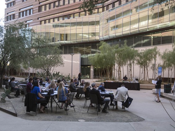 Participants in the HealthTech Connect Innovations in Healthy Aging event enjoy lunch in the “Canyon” on the Phoenix Biomedical Campus while listening to a presentation by Kathleen C. Insel, PhD, RN, on age-friendly universities. 