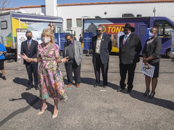 First lady Jill Biden, EdD, spoke with members of the UArizona Cancer Center and the Tohono O’odham Nation during her visit to the San Xavier Health Center to promote the Cancer Moonshot initiative on March 8, 2022.  