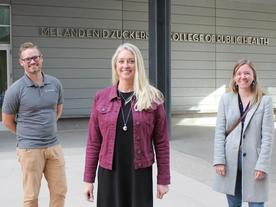 The new round of funding will enable the Western Region Public Health Training Center team, including (from left) online designer Erich Healy, director Kelly Reynolds, PhD, and associate director Abby Stoica, MPH, to continue to provide training to expand the workforce, build skills and services, and enable public health professionals to meet community needs and emerging threats at local, state and national levels.