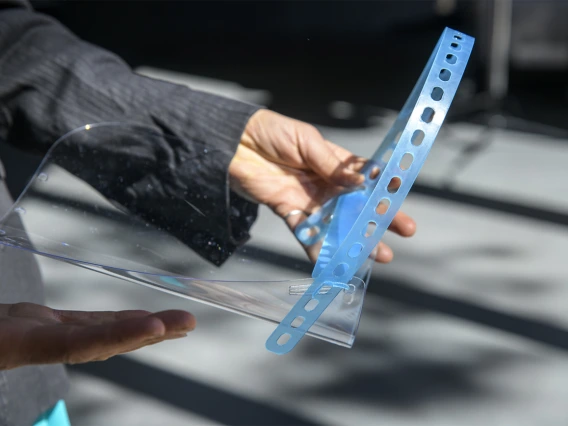 A closer look at the laser-cut face shields created by University of Arizona employees and students inside makerspaces across campus in April 2020.