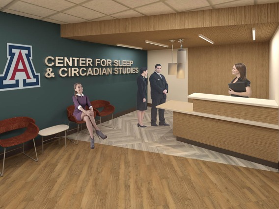 An architectural rendering shows the lobby of the new Center for Sleep and Circadian Sciences, where researchers will study sleep and circadian rhythms while controlling a multitude of factors including temperature, noise levels, and the intensity, duration and color of light.