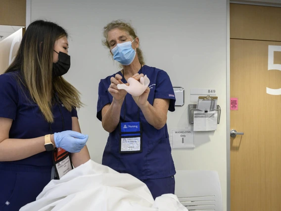 A UArizona College of Nursing professor explains the position of the uterus in the pelvis with a Doctor of Nursing Practice – Nurse-Midwifery student.