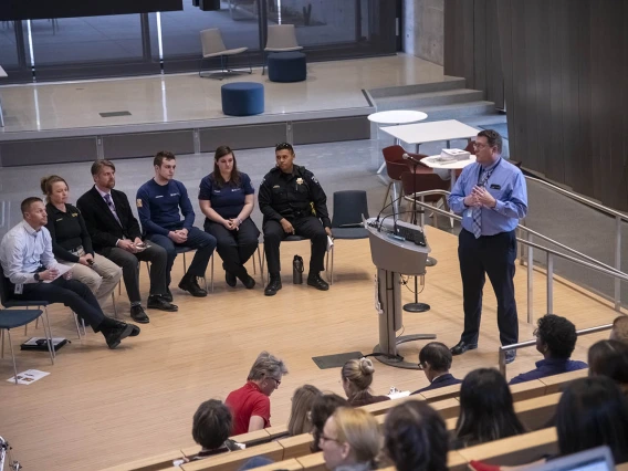 Drug Survival 102 panelist Lt. Christian Wildblood of the Tucson Police Department speaks to attendees about opioid overdose crisis response. 