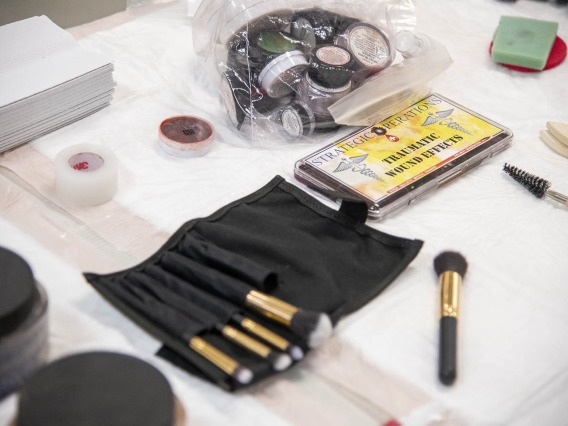 The tools of the trade: ASTEC staff know how to use makeup, sponges and brushes to create true-to-life but simulated traumatic wounds.