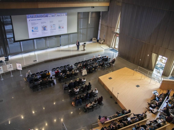 Senior Vice President for Health Sciences Michael D. Dake, MD, talks about the Health Sciences strategic initiatives during the town hall event held in the Forum of the Health Sciences Innovation Building in Tucson, Jan. 28, 2020.