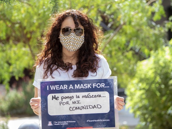 Michelle Ortiz, PhD., of the College of Medicine – Tucson’s Office of Diversity, Equity and Inclusion, wears a mask for her community. 