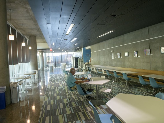 Whether eating alone or with friends, this second-floor dining area in the Health Sciences Education Building on the Phoenix Biomedical Campus offers art, modern décor and natural light. 