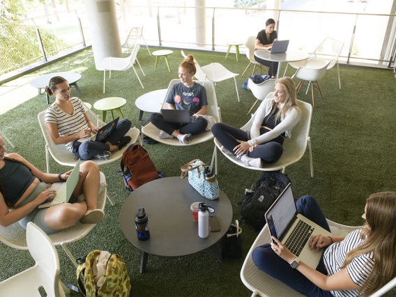 This second-floor balcony in the Health Sciences Education Building on the Phoenix Biomedical Campus offers artificial grass, shade and chairs big enough to sit cross-legged for those wanting a change of scenery. 